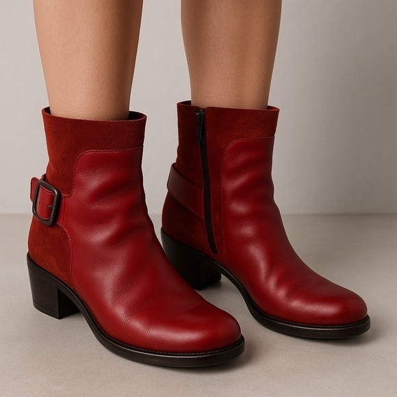 Fly London Shoes - FLY London Red Leather Suede Ankle Boots Buckle Accent Women's Size 38